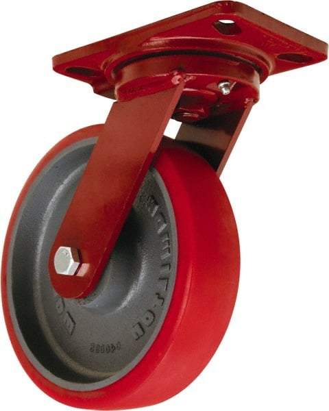 Hamilton - 8" Diam x 2" Wide x 9-3/4" OAH Top Plate Mount Swivel Caster - Polyurethane Mold onto Cast Iron Center, 1,800 Lb Capacity, Tapered Roller Bearing, 4-1/2 x 6-1/2" Plate - Benchmark Tooling