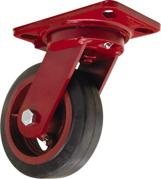Hamilton - 6" Diam x 2" Wide x 7-3/4" OAH Top Plate Mount Swivel Caster - Rubber Mold on Cast Iron, 410 Lb Capacity, Tapered Roller Bearing, 4-1/2 x 6-1/2" Plate - Benchmark Tooling