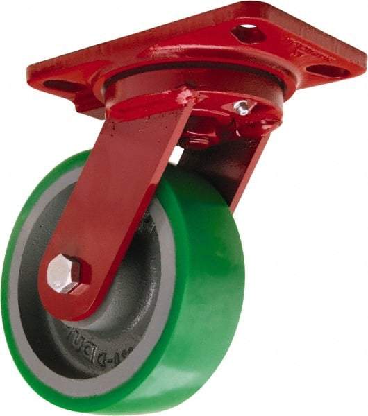 Hamilton - 6" Diam x 2" Wide x 7-3/4" OAH Top Plate Mount Swivel Caster - Polyurethane Mold onto Cast Iron Center, 1,200 Lb Capacity, Tapered Roller Bearing, 4-1/2 x 6-1/2" Plate - Benchmark Tooling