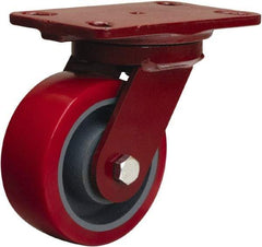 Hamilton - 5" Diam x 2" Wide x 6-3/4" OAH Top Plate Mount Swivel Caster - Polyurethane Mold on Forged Steel, 1,250 Lb Capacity, Sealed Precision Ball Bearing, 4-1/2 x 6-1/2" Plate - Benchmark Tooling