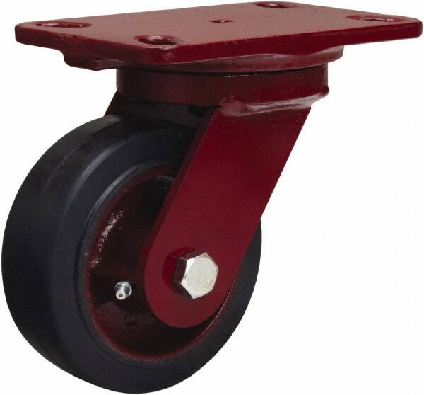 Hamilton - 5" Diam x 2" Wide x 6-3/4" OAH Top Plate Mount Swivel Caster - Rubber Mold on Cast Iron, 350 Lb Capacity, Straight Roller Bearing, 4-1/2 x 6-1/2" Plate - Benchmark Tooling
