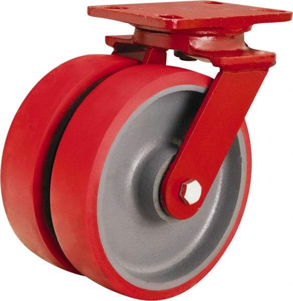 Hamilton - 8" Diam x 2" Wide x 9-3/4" OAH Top Plate Mount Swivel Caster - Polyurethane Mold onto Cast Iron Center, 2,500 Lb Capacity, Tapered Roller Bearing, 4-1/2 x 6-1/2" Plate - Benchmark Tooling