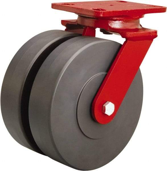 Hamilton - 8" Diam x 2" Wide x 9-3/4" OAH Top Plate Mount Swivel Caster - Nylon, 2,000 Lb Capacity, Sealed Precision Ball Bearing, 4-1/2 x 6-1/2" Plate - Benchmark Tooling
