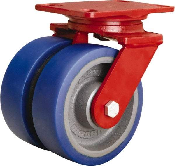 Hamilton - 6" Diam x 2" Wide x 7-3/4" OAH Top Plate Mount Swivel Caster - Polyurethane Mold onto Cast Iron Center, 1,920 Lb Capacity, Sealed Precision Ball Bearing, 4-1/2 x 6-1/2" Plate - Benchmark Tooling
