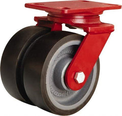 Hamilton - 6" Diam x 2" Wide x 7-3/4" OAH Top Plate Mount Swivel Caster - Polyurethane Mold onto Cast Iron Center, 2,500 Lb Capacity, Tapered Roller Bearing, 4-1/2 x 6-1/2" Plate - Benchmark Tooling