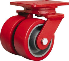 Hamilton - 4" Diam x 2" Wide x 5-5/8" OAH Top Plate Mount Dual Swivel Caster - Polyurethane Mold onto Cast Iron Center, 1,800 Lb Capacity, Sealed Precision Ball Bearing, 4-1/2 x 6-1/2" Plate - Benchmark Tooling