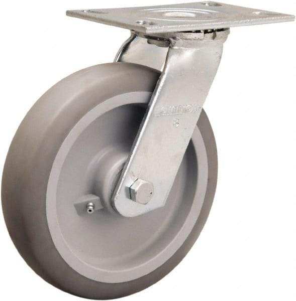 Hamilton - 8" Diam x 2" Wide x 9-1/2" OAH Top Plate Mount Swivel Caster - Rubber Mold on Polyolefin, 500 Lb Capacity, Straight Roller Bearing, 4-1/2 x 6-1/4" Plate - Benchmark Tooling