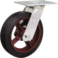 Hamilton - 8" Diam x 2" Wide x 9-1/2" OAH Top Plate Mount Swivel Caster - Rubber Mold on Cast Iron, 500 Lb Capacity, Straight Roller Bearing, 4-1/2 x 6-1/4" Plate - Benchmark Tooling