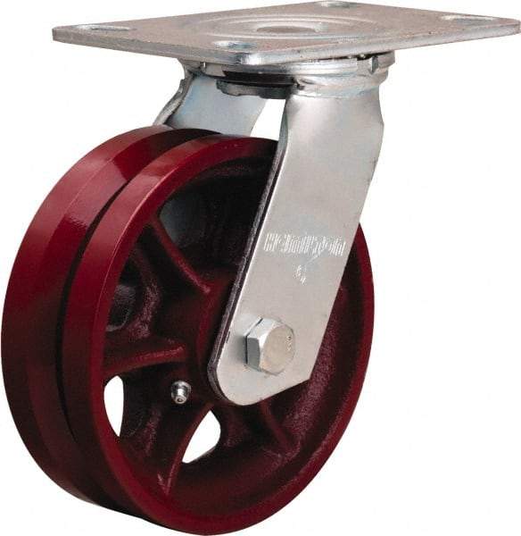 Hamilton - 6" Diam x 2" Wide, Iron Swivel Caster - 900 Lb Capacity, Top Plate Mount, 4-1/2" x 6-1/2" Plate, Straight Roller Bearing - Benchmark Tooling