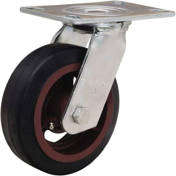 Hamilton - 6" Diam x 2" Wide x 7-1/2" OAH Top Plate Mount Swivel Caster - Rubber Mold on Cast Iron, 410 Lb Capacity, Straight Roller Bearing, 4-1/2 x 6-1/4" Plate - Benchmark Tooling