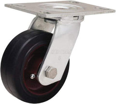 Hamilton - 5" Diam x 2" Wide x 6-1/2" OAH Top Plate Mount Swivel Caster - Rubber Mold on Cast Iron, 350 Lb Capacity, Straight Roller Bearing, 4-1/2 x 6-1/4" Plate - Benchmark Tooling