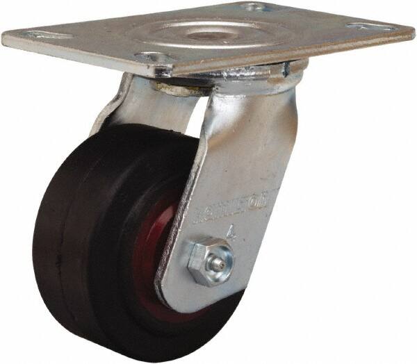 Hamilton - 4" Diam x 2" Wide x 5-5/8" OAH Top Plate Mount Swivel Caster - Rubber Mold on Cast Iron, 300 Lb Capacity, Straight Roller Bearing, 4-1/2 x 6-1/4" Plate - Benchmark Tooling
