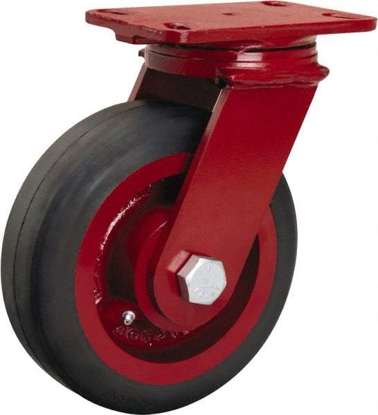 Hamilton - 8" Diam x 2-1/2" Wide x 10-1/8" OAH Top Plate Mount Swivel Caster - Rubber Mold on Cast Iron, 670 Lb Capacity, Tapered Roller Bearing, 4-1/2 x 6-1/2" Plate - Benchmark Tooling