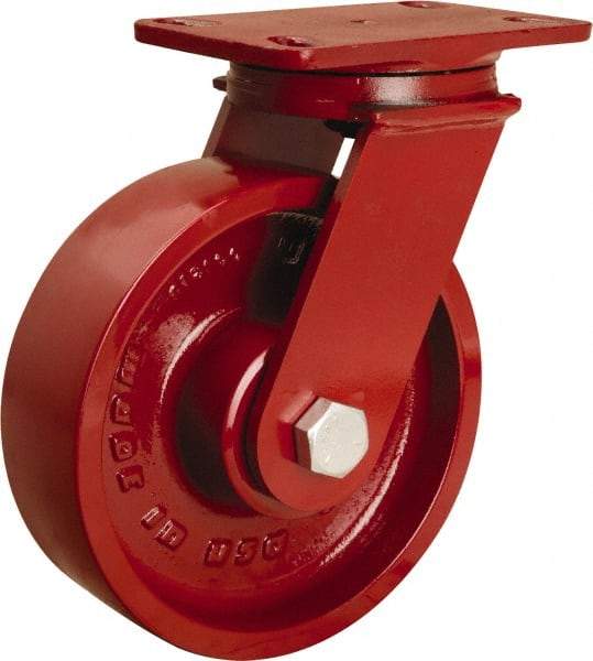 Hamilton - 8" Diam x 2-1/2" Wide x 10-1/4" OAH Top Plate Mount Swivel Caster - Cast Iron, 2,200 Lb Capacity, Tapered Roller Bearing, 4-1/2 x 6-1/2" Plate - Benchmark Tooling