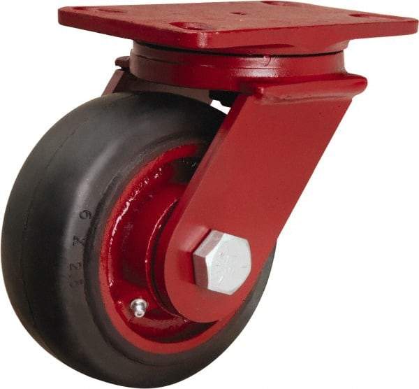 Hamilton - 6" Diam x 2-1/2" Wide x 7-1/2" OAH Top Plate Mount Swivel Caster - Rubber Mold on Cast Iron, 540 Lb Capacity, Tapered Roller Bearing, 4-1/2 x 6-1/2" Plate - Benchmark Tooling