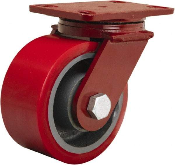 Hamilton - 6" Diam x 3" Wide x 7-1/2" OAH Top Plate Mount Swivel Caster - Polyurethane Mold onto Cast Iron Center, 2,200 Lb Capacity, Sealed Precision Ball Bearing, 4-1/2 x 6-1/2" Plate - Benchmark Tooling