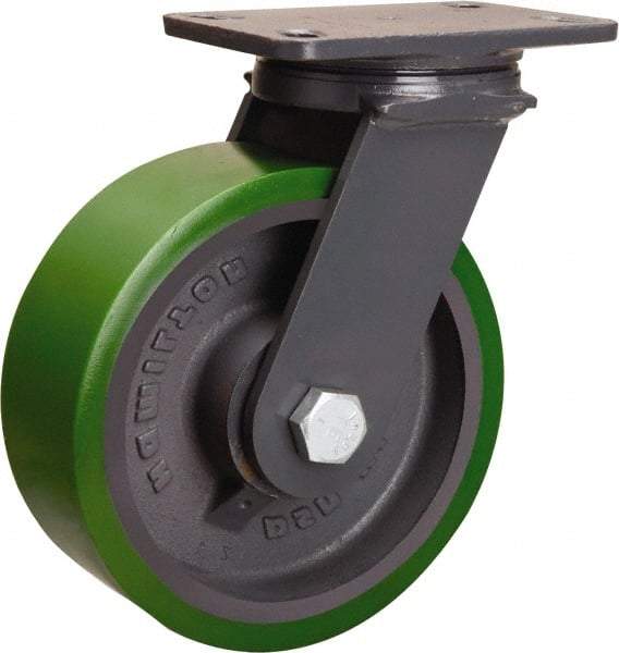 Hamilton - 8" Diam x 3" Wide x 10-1/4" OAH Top Plate Mount Swivel Caster - Polyurethane Mold onto Cast Iron Center, 2,400 Lb Capacity, Tapered Roller Bearing, 4-1/2 x 6-1/2" Plate - Benchmark Tooling