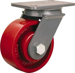 Hamilton - 6" Diam x 2-1/2" Wide x 7-3/4" OAH Top Plate Mount Swivel Caster - Cast Iron, 2,200 Lb Capacity, Tapered Roller Bearing, 4-1/2 x 6-1/2" Plate - Benchmark Tooling