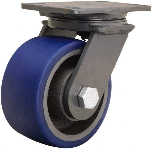 Hamilton - 6" Diam x 3" Wide x 7-3/4" OAH Top Plate Mount Swivel Caster - Polyurethane Mold onto Cast Iron Center, 1,800 Lb Capacity, Sealed Precision Ball Bearing, 4-1/2 x 6-1/2" Plate - Benchmark Tooling