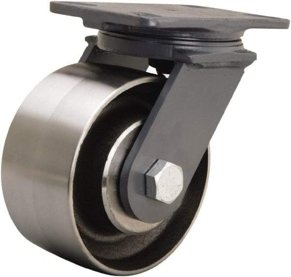 Hamilton - 6" Diam x 3" Wide x 7-3/4" OAH Top Plate Mount Swivel Caster - Forged Steel, 2,400 Lb Capacity, Sealed Precision Ball Bearing, 4-1/2 x 6-1/2" Plate - Benchmark Tooling