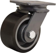 Hamilton - 6" Diam x 3" Wide x 7-3/4" OAH Top Plate Mount Swivel Caster - Polyurethane Mold onto Cast Iron Center, 2,200 Lb Capacity, Tapered Roller Bearing, 4-1/2 x 6-1/2" Plate - Benchmark Tooling