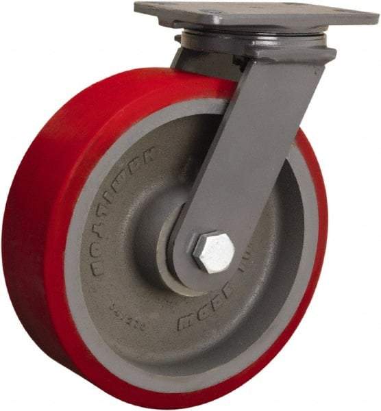 Hamilton - 10" Diam x 3" Wide x 12-1/16" OAH Top Plate Mount Swivel Caster - Polyurethane Mold onto Cast Iron Center, 2,400 Lb Capacity, Tapered Roller Bearing, 4-1/2 x 6-1/2" Plate - Benchmark Tooling