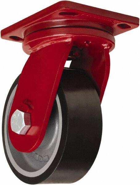 Hamilton - 8" Diam x 3" Wide x 10-1/2" OAH Top Plate Mount Swivel Caster - Polyurethane Mold onto Cast Iron Center, 3,250 Lb Capacity, Sealed Precision Ball Bearing, 6-1/2 x 7-1/2" Plate - Benchmark Tooling