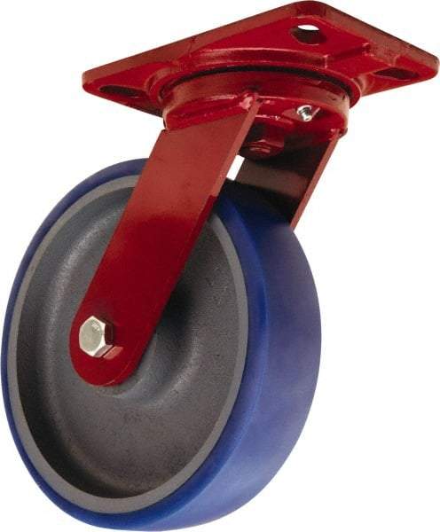 Hamilton - 8" Diam x 2" Wide x 9-3/4" OAH Top Plate Mount Swivel Caster - Polyurethane Mold onto Cast Iron Center, 1,200 Lb Capacity, Sealed Precision Ball Bearing, 4-1/2 x 6-1/2" Plate - Benchmark Tooling