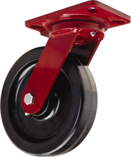 Hamilton - 8" Diam x 2" Wide x 9-3/4" OAH Top Plate Mount Swivel Caster - Phenolic, 1,400 Lb Capacity, Straight Roller Bearing, 4-1/2 x 6-1/2" Plate - Benchmark Tooling