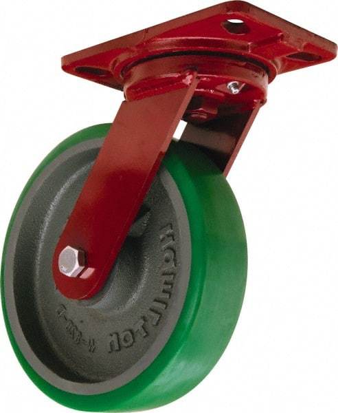Hamilton - 8" Diam x 2" Wide x 9-3/4" OAH Top Plate Mount Swivel Caster - Polyurethane Mold onto Cast Iron Center, 1,500 Lb Capacity, Tapered Roller Bearing, 4-1/2 x 6-1/2" Plate - Benchmark Tooling