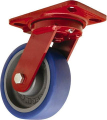 Hamilton - 6" Diam x 2" Wide x 7-3/4" OAH Top Plate Mount Swivel Caster - Polyurethane Mold onto Cast Iron Center, 960 Lb Capacity, Tapered Roller Bearing, 4-1/2 x 6-1/2" Plate - Benchmark Tooling