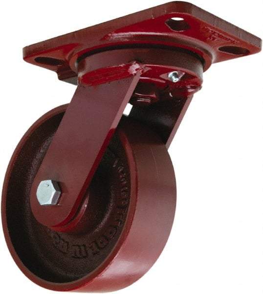 Hamilton - 6" Diam x 2" Wide x 7-3/4" OAH Top Plate Mount Swivel Caster - Cast Iron, 1,400 Lb Capacity, Sealed Precision Ball Bearing, 4-1/2 x 6-1/2" Plate - Benchmark Tooling