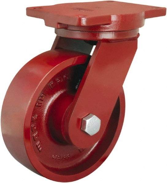 Hamilton - 8" Diam x 2-1/2" Wide x 10-1/2" OAH Top Plate Mount Swivel Caster - Cast Iron, 2,500 Lb Capacity, Tapered Roller Bearing, 6-1/8 x 7-1/2" Plate - Benchmark Tooling