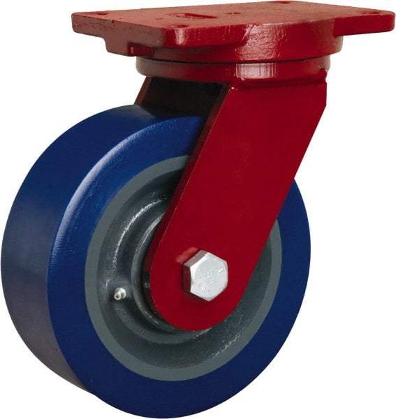 Hamilton - 8" Diam x 3" Wide x 10-1/2" OAH Top Plate Mount Swivel Caster - Polyurethane Mold on Forged Steel, 3,500 Lb Capacity, Tapered Roller Bearing, 6-1/8 x 7-1/2" Plate - Benchmark Tooling