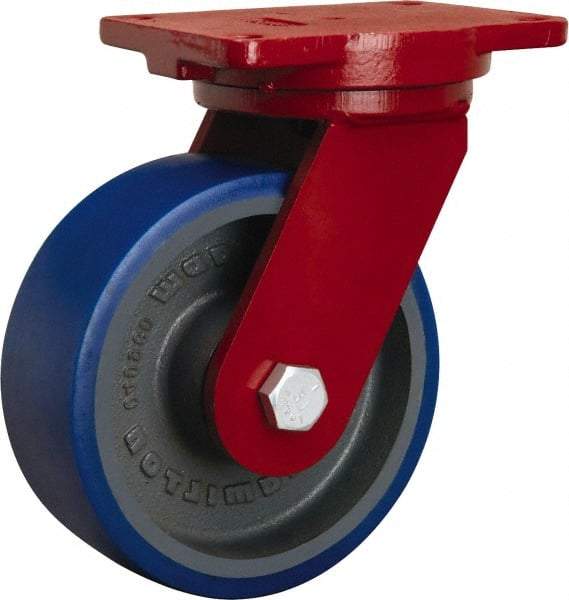 Hamilton - 8" Diam x 3" Wide x 10-1/2" OAH Top Plate Mount Swivel Caster - Polyurethane Mold onto Cast Iron Center, 2,000 Lb Capacity, Precision Tapered Roller Bearing, 6-1/8 x 7-1/2" Plate - Benchmark Tooling