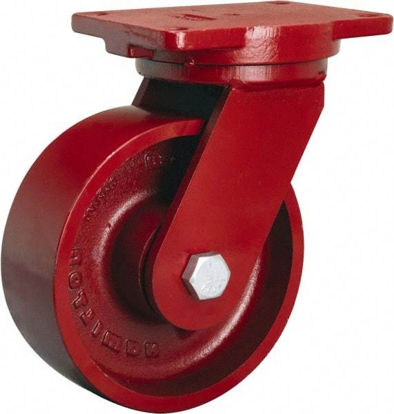Hamilton - 8" Diam x 3" Wide x 10-1/2" OAH Top Plate Mount Swivel Caster - Cast Iron, 2,600 Lb Capacity, Sealed Precision Ball Bearing, 6-1/8 x 7-1/2" Plate - Benchmark Tooling