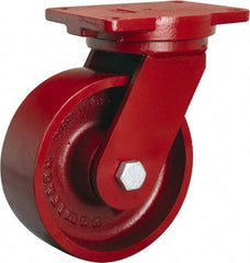 Hamilton - 8" Diam x 3" Wide x 10-1/2" OAH Top Plate Mount Swivel Caster - Cast Iron, 2,600 Lb Capacity, Sealed Precision Ball Bearing, 6-1/8 x 7-1/2" Plate - Benchmark Tooling
