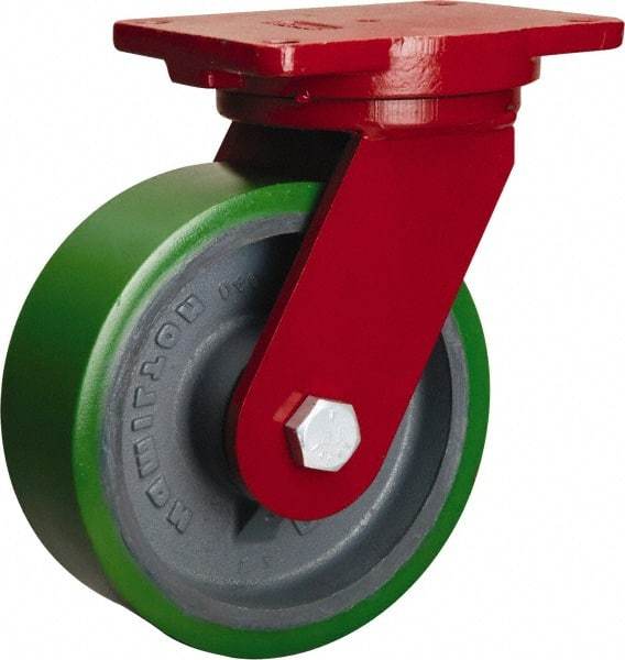 Hamilton - 8" Diam x 2-1/2" Wide x 10-1/2" OAH Top Plate Mount Swivel Caster - Polyurethane Mold onto Cast Iron Center, 2,000 Lb Capacity, Tapered Roller Bearing, 6-1/8 x 7-1/2" Plate - Benchmark Tooling