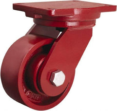 Hamilton - 6" Diam x 2-1/2" Wide x 8-1/2" OAH Top Plate Mount Swivel Caster - Cast Iron, 2,200 Lb Capacity, Tapered Roller Bearing, 6-1/8 x 7-1/2" Plate - Benchmark Tooling