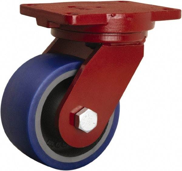 Hamilton - 6" Diam x 3" Wide x 8-1/2" OAH Top Plate Mount Swivel Caster - Polyurethane Mold onto Cast Iron Center, 1,800 Lb Capacity, Precision Tapered Roller Bearing, 6-1/8 x 7-1/2" Plate - Benchmark Tooling