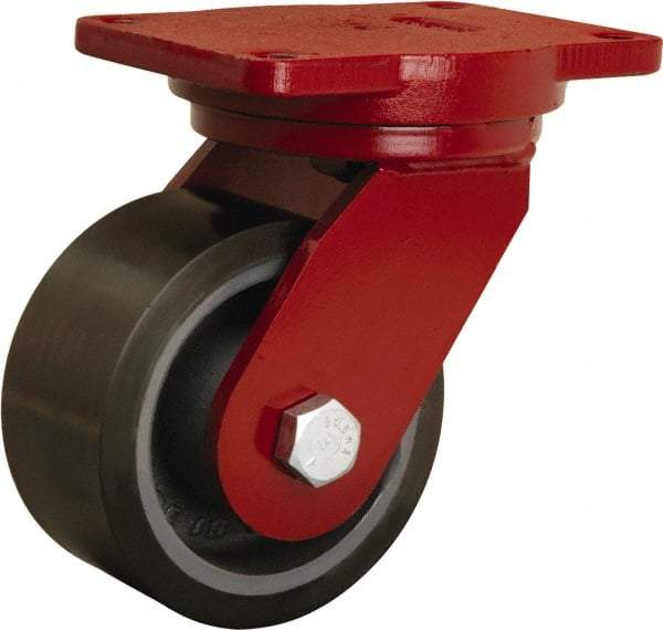 Hamilton - 6" Diam x 3" Wide x 8-1/2" OAH Top Plate Mount Swivel Caster - Polyurethane Mold onto Cast Iron Center, 2,860 Lb Capacity, Sealed Precision Ball Bearing, 6-1/8 x 7-1/2" Plate - Benchmark Tooling