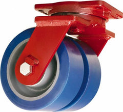 Hamilton - 8" Diam x 3" Wide x 10-1/2" OAH Top Plate Mount Dual Swivel Caster - Polyurethane Mold on Forged Steel, 7,000 Lb Capacity, Tapered Roller Bearing, 6-1/8 x 7-1/2" Plate - Benchmark Tooling