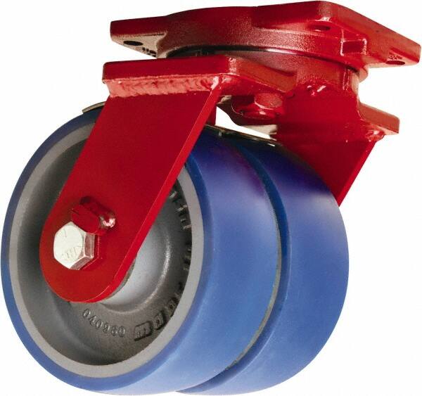 Hamilton - 12" Diam x 3" Wide x 14-1/2" OAH Top Plate Mount Dual Swivel Caster - Polyurethane Mold onto Cast Iron Center, 4,000 Lb Capacity, Sealed Precision Ball Bearing, 6-1/8 x 7-1/2" Plate - Benchmark Tooling