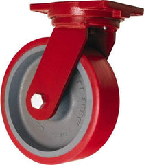 Hamilton - 10" Diam x 3" Wide x 12-1/2" OAH Top Plate Mount Swivel Caster - Polyurethane Mold on Forged Steel, 3,600 Lb Capacity, Tapered Roller Bearing, 6-1/8 x 7-1/2" Plate - Benchmark Tooling