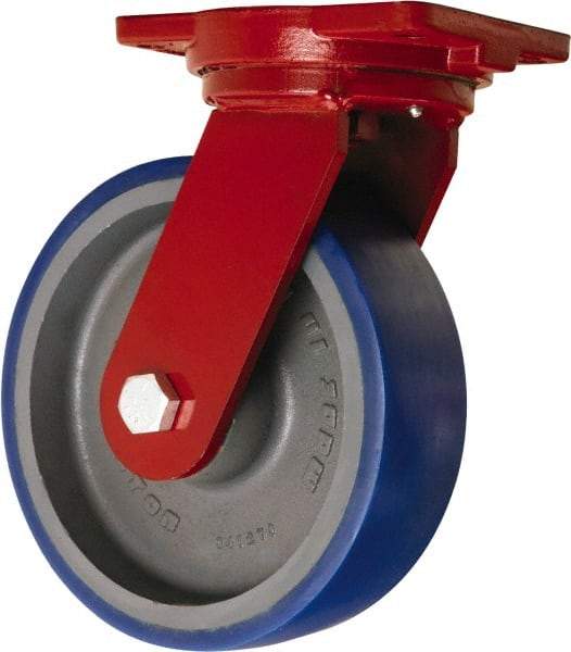 Hamilton - 10" Diam x 3" Wide x 12-1/2" OAH Top Plate Mount Swivel Caster - Polyurethane Mold onto Cast Iron Center, 2,400 Lb Capacity, Precision Tapered Roller Bearing, 6-1/8 x 7-1/2" Plate - Benchmark Tooling