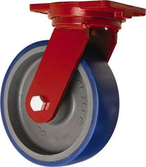 Hamilton - 10" Diam x 3" Wide x 12-1/2" OAH Top Plate Mount Swivel Caster - Polyurethane Mold onto Cast Iron Center, 2,400 Lb Capacity, Precision Tapered Roller Bearing, 6-1/8 x 7-1/2" Plate - Benchmark Tooling