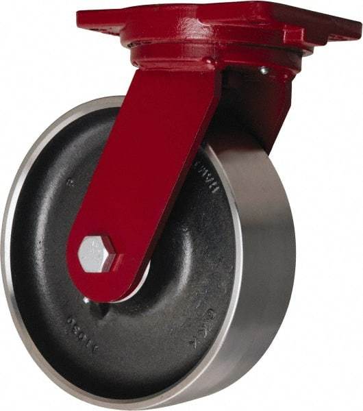 Hamilton - 10" Diam x 3" Wide x 12-1/2" OAH Top Plate Mount Swivel Caster - Forged Steel, 4,000 Lb Capacity, Tapered Roller Bearing, 6-1/8 x 7-1/2" Plate - Benchmark Tooling