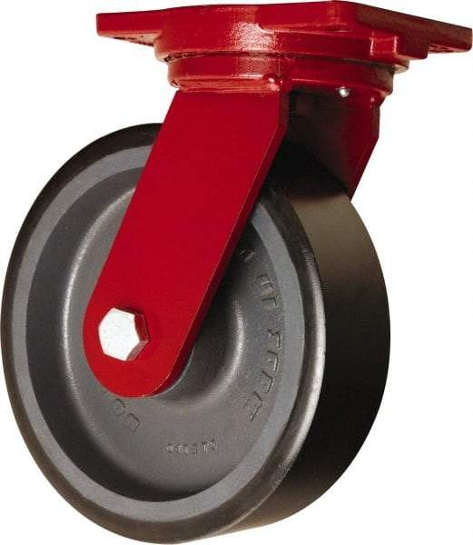 Hamilton - 10" Diam x 3" Wide x 12-1/2" OAH Top Plate Mount Swivel Caster - Polyurethane Mold onto Cast Iron Center, 3,900 Lb Capacity, Sealed Precision Ball Bearing, 6-1/8 x 7-1/2" Plate - Benchmark Tooling