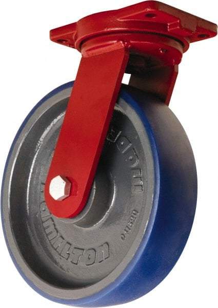 Hamilton - 12" Diam x 3" Wide x 14-1/2" OAH Top Plate Mount Swivel Caster - Polyurethane Mold onto Cast Iron Center, 2,800 Lb Capacity, Precision Tapered Roller Bearing, 6-1/8 x 7-1/2" Plate - Benchmark Tooling