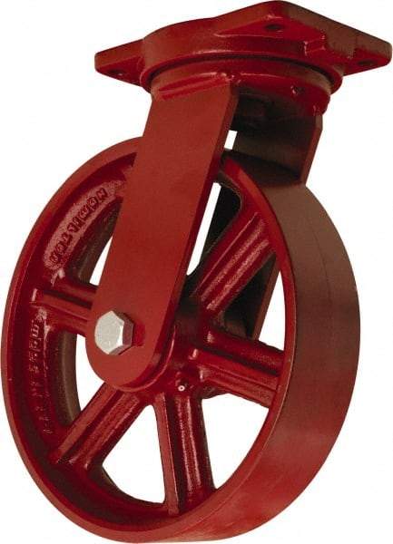 Hamilton - 12" Diam x 3" Wide x 14-1/2" OAH Top Plate Mount Swivel Caster - Cast Iron, 2,500 Lb Capacity, Tapered Roller Bearing, 6-1/8 x 7-1/2" Plate - Benchmark Tooling